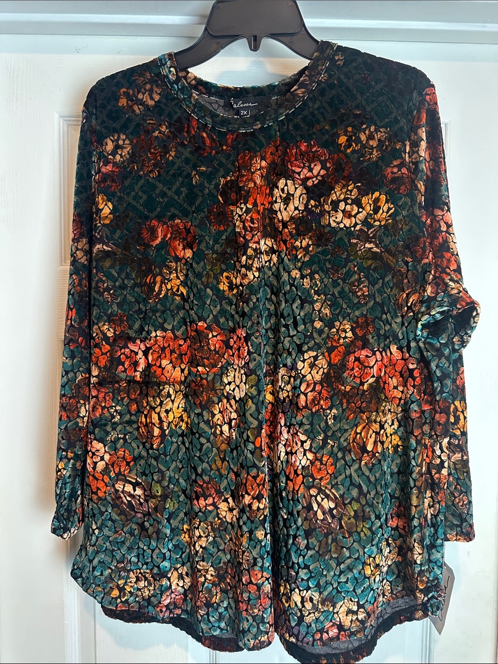Calessa Plus Size Women's Teal Floral Velvet Long-Sleeve Top